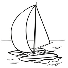 sketch, catamaran with sails, coloring book, cartoon illustration, isolated object on white background, vector illustration,