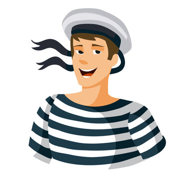 portrait of a young sailor in a striped vest and visor with ribbons, cartoon illustration, isolated object on white background, vector illustration,