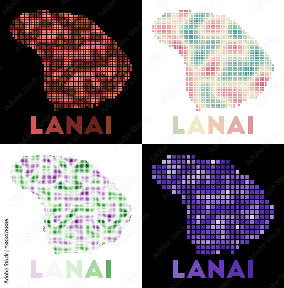 Aufkleber lanai map. collection of maps of lanai in dotted style. borders of the island filled with rectangles