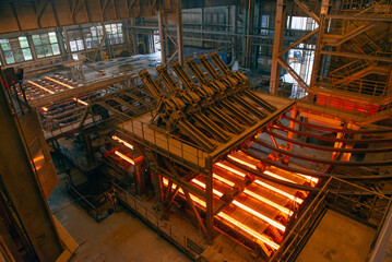 Steel production in electric furnaces. Sparks of molten steel.  Metallurgical production, heavy industry, engineering, steelmaking