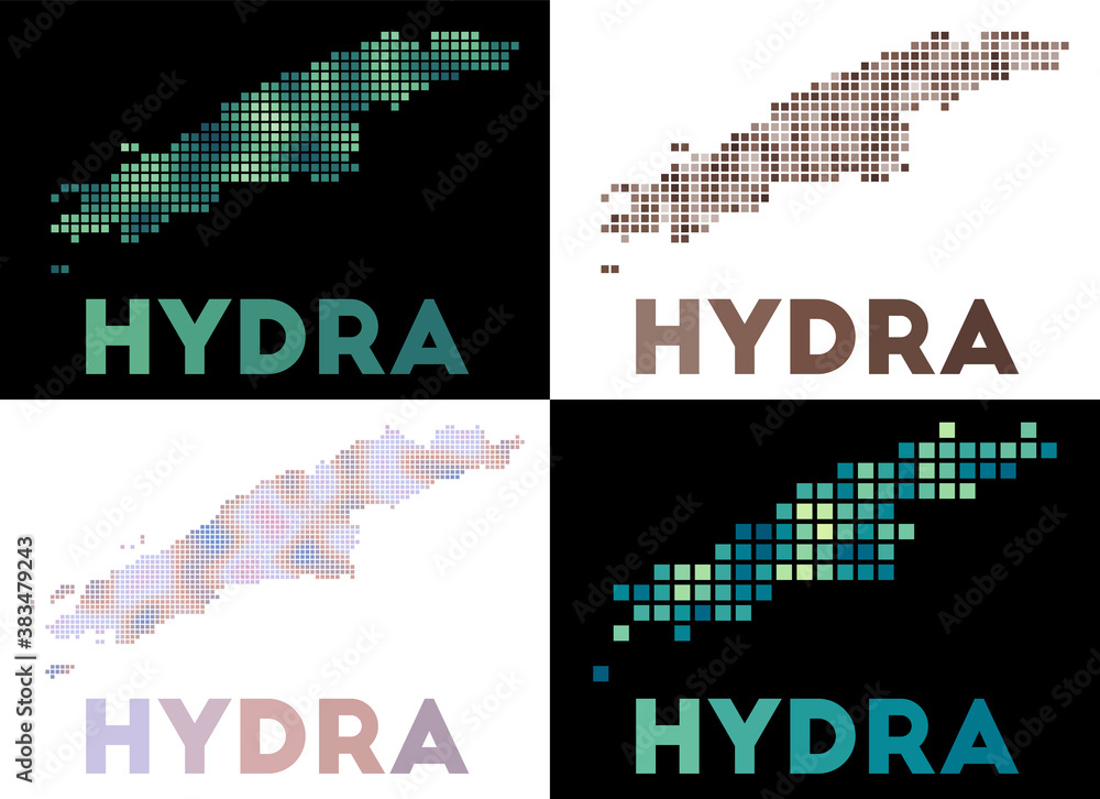 Poster hydra map. collection of maps of hydra in dotted style. borders of the island filled with rectangles