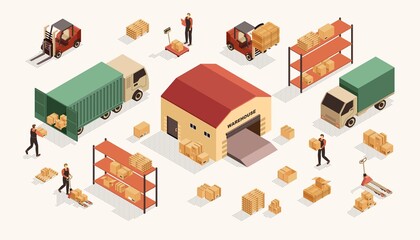 Isometric warehouse vector illustration set. 3d people working in warehouse, worker character loading boxes on trucks. Warehousing logistic service, processes of distribution and delivery technology