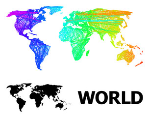 Wire frame and solid map of world. Vector model is created from map of world with intersected random lines, and has spectrum gradient. Abstract lines are combined into map of world.