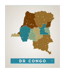 DR Congo map. Country poster with regions. Old grunge texture. Shape of DR Congo with country name. Radiant vector illustration.
