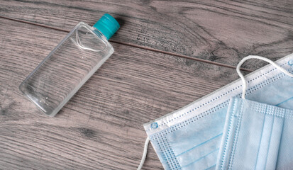 Coronavirus protection. Sanitizer gel for hand. Medical surgical masks. Prevention COVID-19. For...
