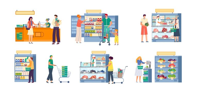 People in supermarket grocery store vector illustration set. Cartoon flat happy man woman or family shopper characters with trolley cart and basket shopping in hypermarket, buy food isolated on white