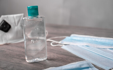 Coronavirus protection. Sanitizer gel for hand. Medical surgical masks. Prevention COVID-19. For health. 