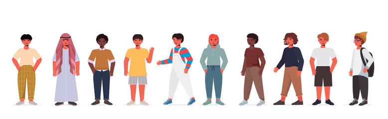 set cute boys girls in casual trendy clothes mix race male female cartoon characters standing pose full length isolated horizontal vector illustration