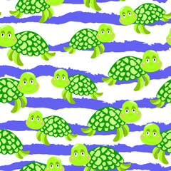 Seamless pattern with cute funny turtles isolated on white background with waves  Flat cartoon style. Vector illustration. For packaging paper, banner, textile 