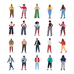 set young women men in casual trendy clothes african american male female cartoon characters collection full length vector illustration