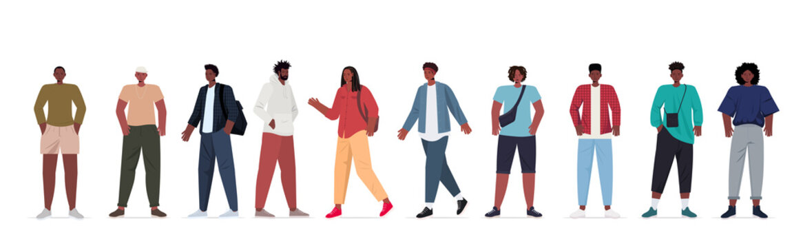 set young men in casual trendy clothes african american male cartoon characters collection full length horizontal vector illustration