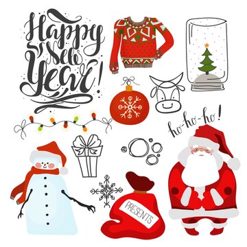 Set of vector illustrations on a winter holiday theme with Santa Claus, lettering and other Christmas characters in a cartoon trendy style.