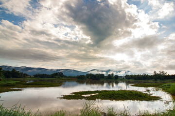 Panoramic view of the sunrise over the lake