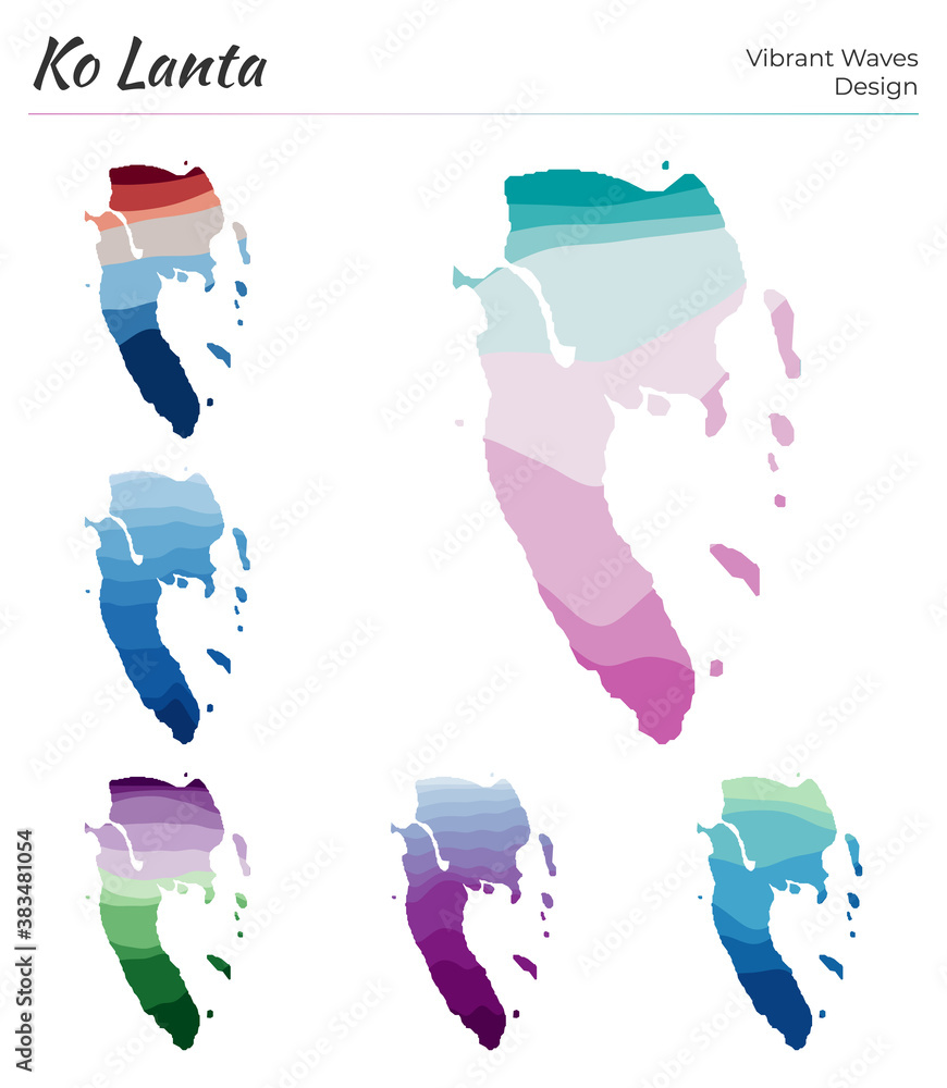 Poster set of vector maps of ko lanta. vibrant waves design. bright map of island in geometric smooth curve
