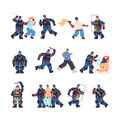 Fototapeta na wymiar set policemen in full tactical gear riot police officers attacking street protesters during clashes demonstration control riots mass concept full length vector illustration