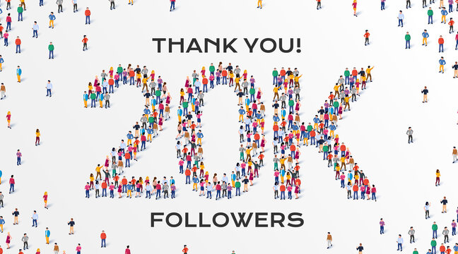 20K Followers. Group of business people are gathered together in the shape of 20000 word, for web page, banner, presentation, social media, Crowd of little people. Teamwork. Vector illustration