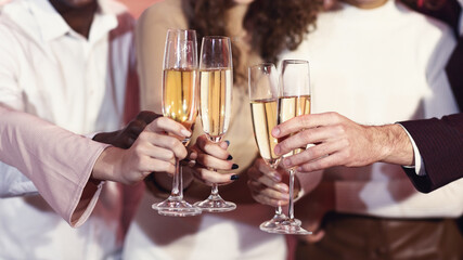 Unrecognizable Young People Clinking Glasses Celebrating Holiday Indoors, Cropped, Panorama