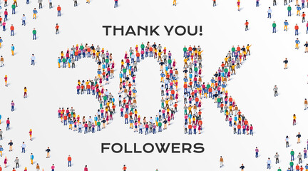 3K Followers. Group of business people are gathered together in the shape of 30000 word, for web page, banner, presentation, social media, Crowd of little people. Teamwork. Vector illustration