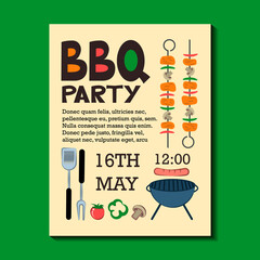 Barbecue party invitation sample on green background featuring barbecue and grill elements - tomato,bell pepper, champignon,sausage,barbecue maker, kitchen spatula, shish kebab,dispensing fork 