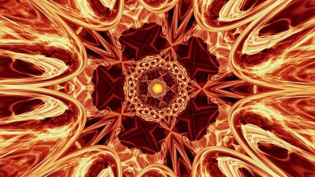 Abstract Shining Mandala Loop. Animation of an abstract shining and looping fantasy fire celtic knot pattern background. 4K 3D seamless loop motion. Bright luminous fire flame energy backdrop.