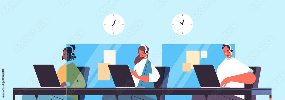 Poster operators with headset chatting with clients call center agents working in office customer support s