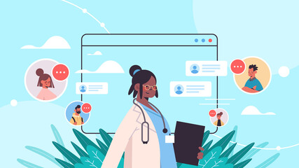 Obraz premium african american doctor in web browser window consulting patients online medical consultation healthcare medicine concept horizontal portrait vector illustration