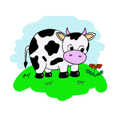 Cow. Cute cow in the meadow. Character in cartoon style. Bright drawing isolated on a white background. Vector illustration