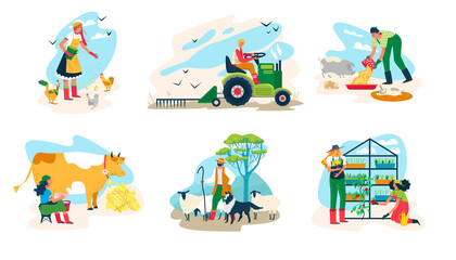 People farming vector illustration set. Cartoon flat farmer characters working in farmland rural field or gardening, feeding farm domestic animals, milking cow. Agricultural work isolated on white