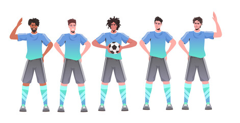 Obraz premium mix race footbal players standing together soccer team ready to start the match horizontal full length vector illustration