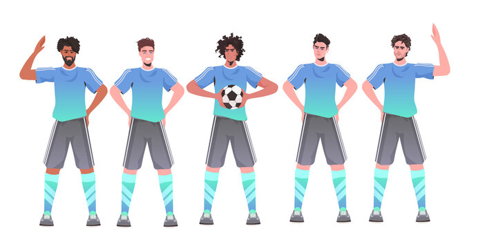 mix race footbal players standing together soccer team ready to start the match horizontal full length vector illustration