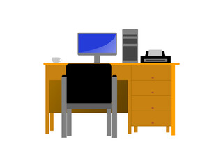 An illustration of a desk with chairs and table and PC set on it in vector design