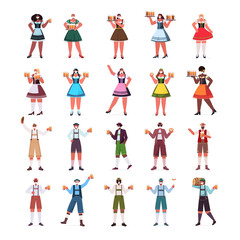set mix race people in medical masks holding beer mugs Oktoberfest party celebration coronavirus quarantine concept men women traditional clothes collection full length vector illustration
