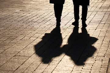 Silhouettes and shadows of couple walking down the street. Two women together, concept of female...