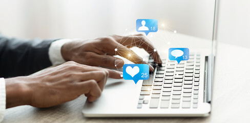 Businessman Working On Laptop In Office, Collage With Web Icons