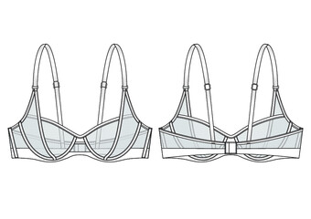 Mesh bra technical sketch. Editable lingerie flat fashion illustration