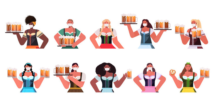 set mix race women in medical masks holding beer mugs Oktoberfest party celebration coronavirus quarantine concept girls in german traditional clothes portraits collection horizontal vector