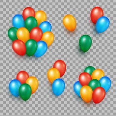 Realistic glossy balloons bunches isolated on transparent background. Red, blue, green and orange balloons. 