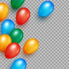 Realistic glossy balloons isolated on transparent background. Red, blue, green and orange balloons. Birthday or celebration banner template