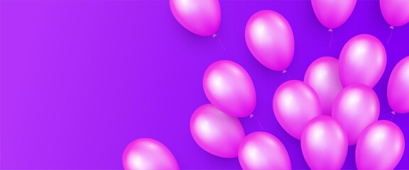 Greeting banner or poster design with realistic flying helium pink balloons. 