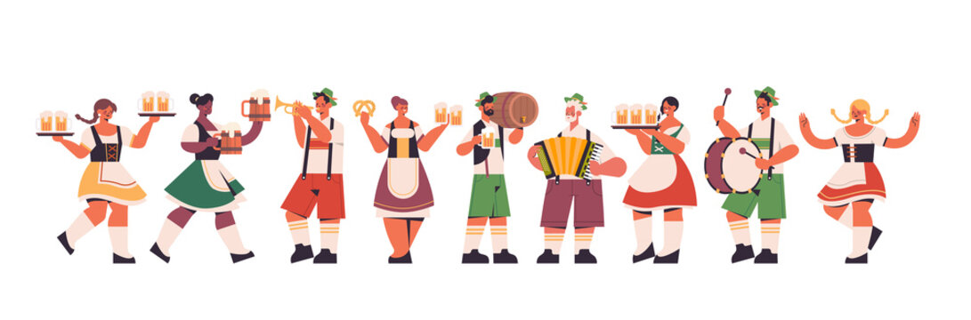 set mix race waiters holding beer mugs Oktoberfest party celebration concept people in german traditional clothes having fun full length isolated horizontal vector illustration