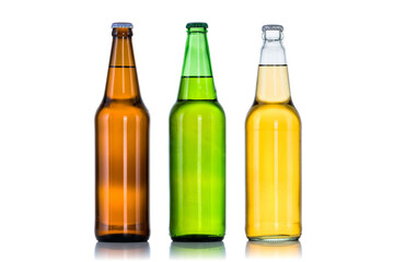 Group of Three bottles of beer isolated on white background
