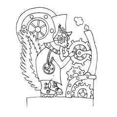Сoncept of a steampunk squirrel.mechanical animal. Coloring book for adults and children vector illustration. anti-stress coloring. linear drawing of a squirrel robot isolated on a white background.