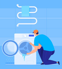 Plumbing work. The plumber repairs the washing machine in the bathroom. Vector illustration