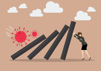 Fototapeta premium Business woman leader help pushing domino tiles falling in economic collapse from COVID-19 virus