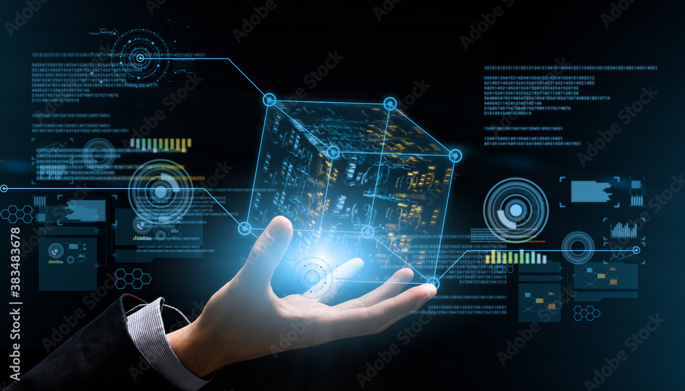 Aufkleber unrecognizable businessman holding cubic hologram with digital user interface elements, collage in f