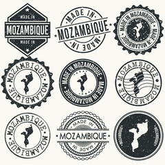 Mozambique Set of Stamps. Travel Stamp. Made In Product. Design Seals Old Style Insignia.