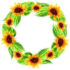 Watercolor sunflowers wreath on white background