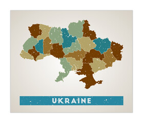 Ukraine map. Country poster with regions. Old grunge texture. Shape of Ukraine with country name. Cool vector illustration.