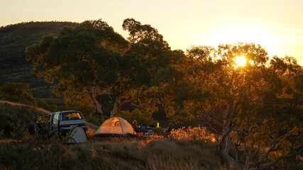 Hiking and camping in the hilly landscapes near Dales Gorge and Karijini National Park in Western...