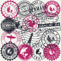 Denmark Set of Stamps. Travel Passport Stamp. Made In Product. Design Seals Old Style Insignia. Icon Clip Art Vector.